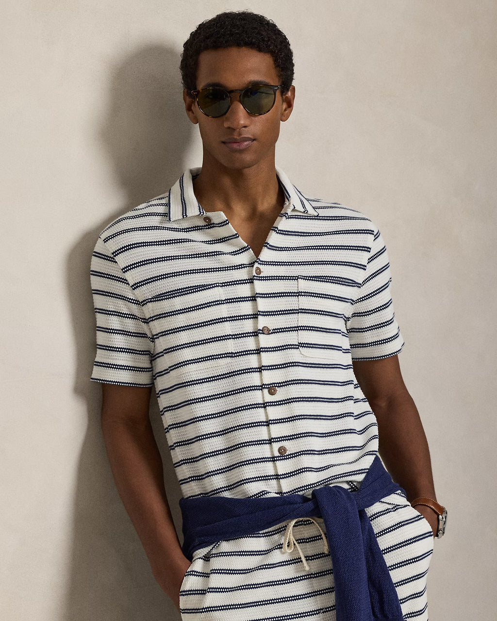 Ralph Lauren Striped Pointelle-Ribbed Camp Shirt Pale Cream/Newport Navy