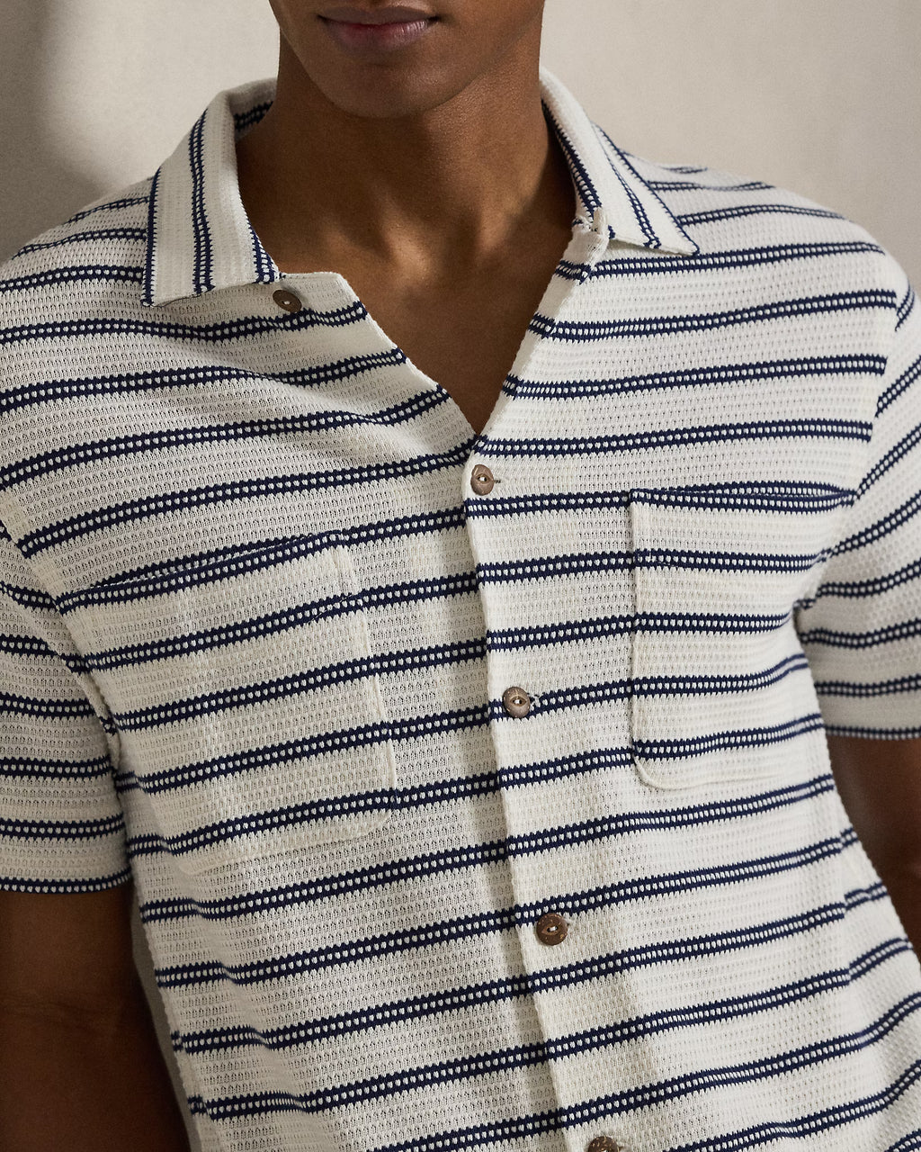 Ralph Lauren Striped Pointelle-Ribbed Camp Shirt Pale Cream/Newport Navy