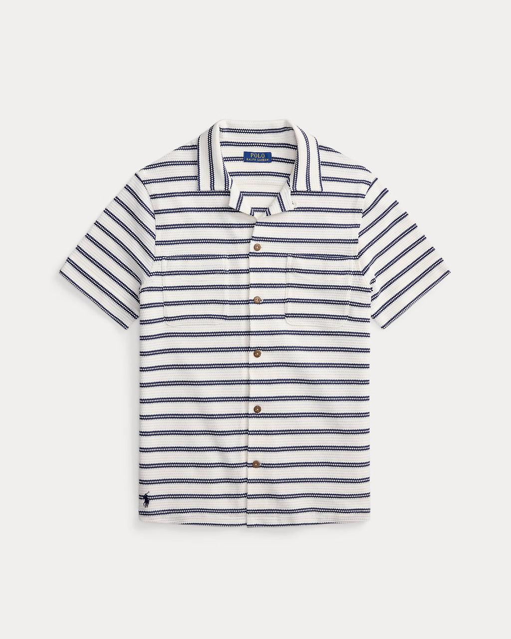 Ralph Lauren Striped Pointelle-Ribbed Camp Shirt Pale Cream/Newport Navy