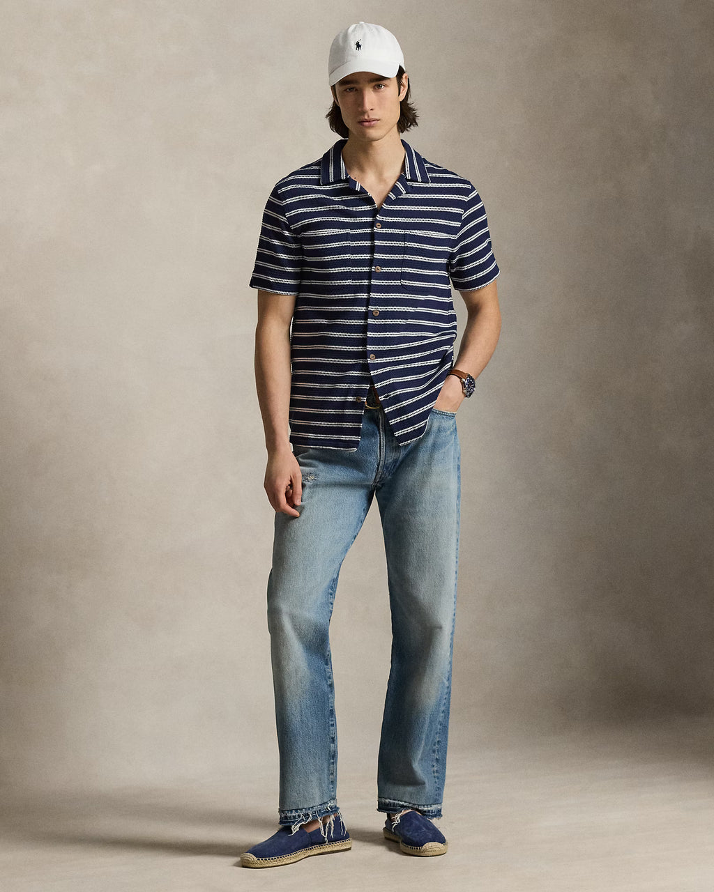 Ralph Lauern Striped Pointelle-Ribbed Camp Shirt