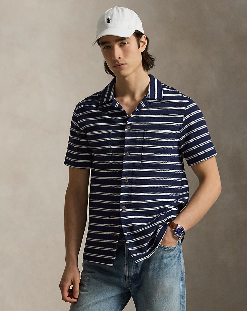 Ralph Lauern Striped Pointelle-Ribbed Camp Shirt